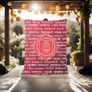 May include: A red tapestry with white text and a white symbol in the center. The text includes words like "balanced", "grounded", "protected", "loved", "independent", "strong", "rooted", and "safe".