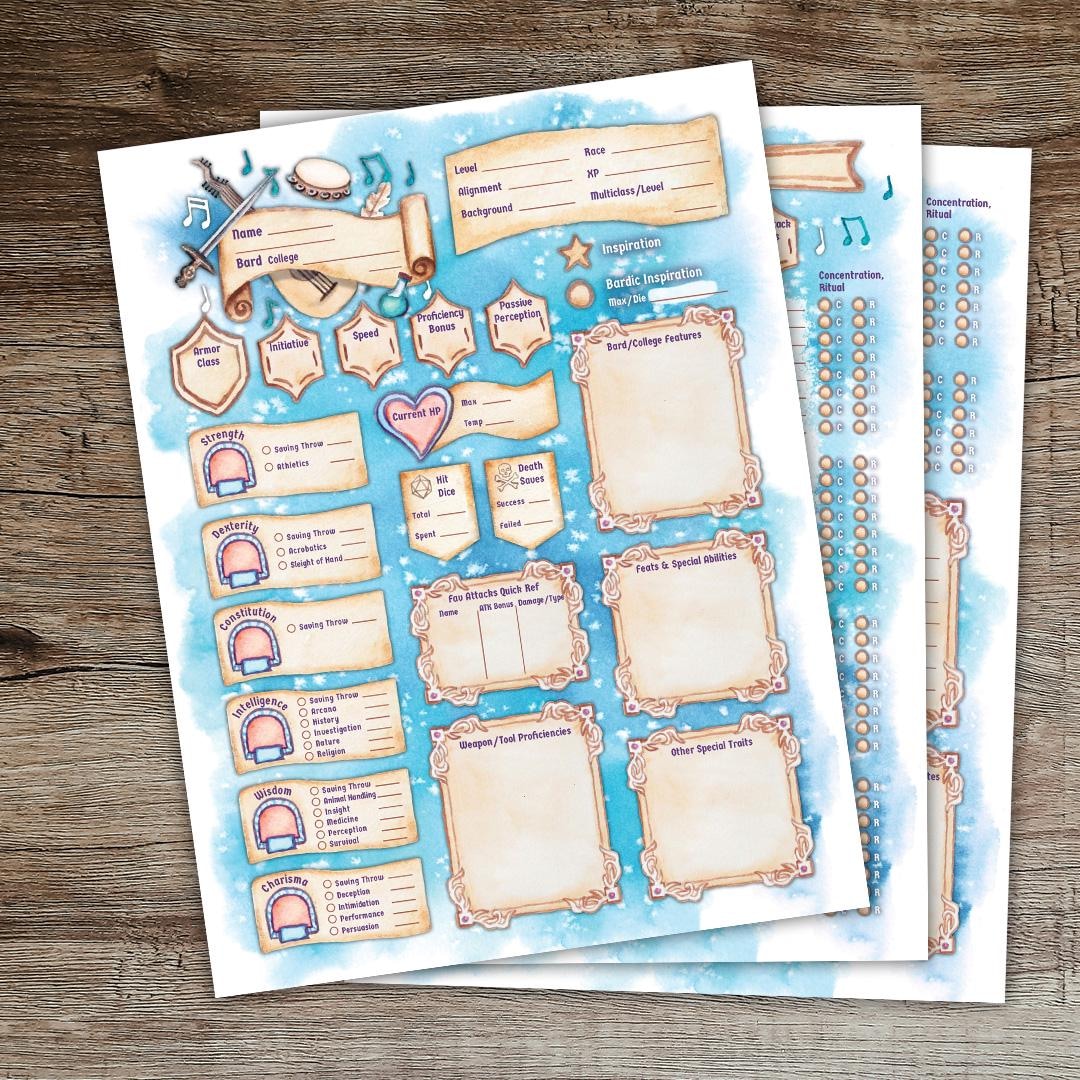 Bard Character Sheet - Dnd 5e and 5.5e - Printable Fillable Form - Etsy
