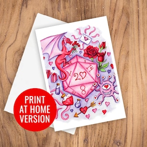 Puede incluir: Una tarjeta de San Valentín rosa y morada con un dragón rosa sosteniendo un ramo de rosas rojas, un dado rosa de 20 caras con un corazón en el centro y un monstruo rosa de un ojo.