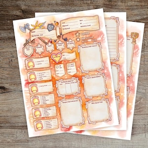 May include: Three sheets of paper with a watercolor design, featuring a fantasy role-playing game character sheet. The sheets have a cream-colored background with orange and pink watercolor accents. The sheets include spaces for character information, skills, and abilities.