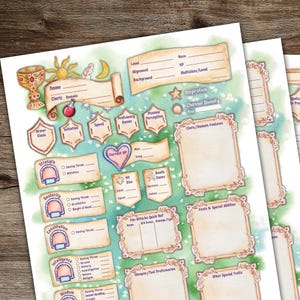 May include: A printed tabletop role-playing game character sheet for a cleric class, featuring parchment-style boxes for stats, skills, and abilities, decorated with watercolor illustrations of a golden chalice, sun, moon, and a potion bottle.