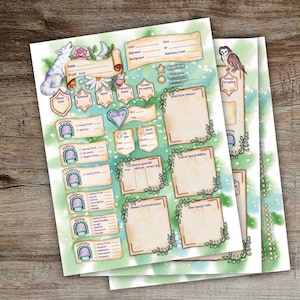 May include: Three sheets of paper with a watercolor design for a role-playing game. The sheets feature a wolf, an owl, and various boxes for character information, including stats, skills, and abilities. The background is a soft green.