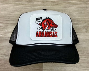 Retro Hog Wild Arkansas Razorback Patch on Black / White Meshback Trucker Hat