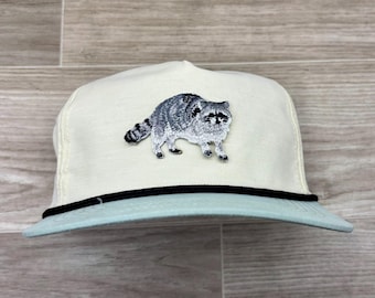 Raccoon / Trash Panda on 2-Tone Beige/Seafoam Green Retro Hat w/Black Rope