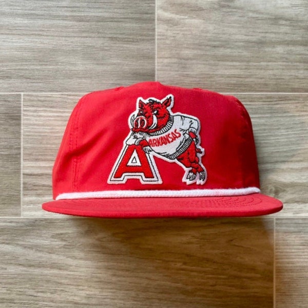 Retro Arkansas Razorback (Standing A) Patch on Red Retro Poly Rope Hat