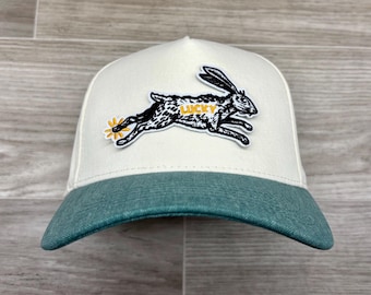 Lucky Rabbit Patch on Natural/Teal Denim Retro Hat