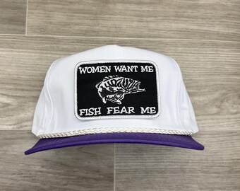 Women Want Me / Fish Fear Me on 2-Tone Tall White Rope Hat w/Purple Brim