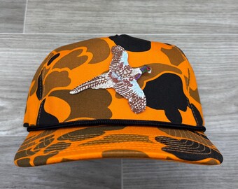Pheasant on Hunters Orange Old School / Duck Camo Rope Hat