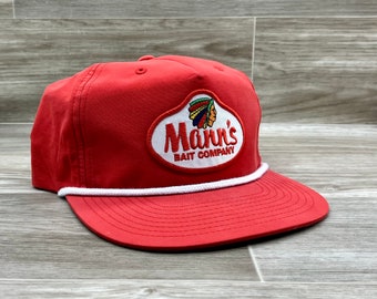 Mann&#39;s Bait Co. on Red Retro Hat w/ White Rope