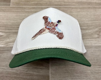 Pheasant on on 2-Tone Tall White Rope Hat w/Green Brim