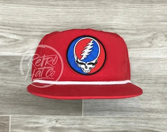 Grateful Dead Lightning Skull (Steal Your Face) Patch on Red Poly Retro Rope Hat