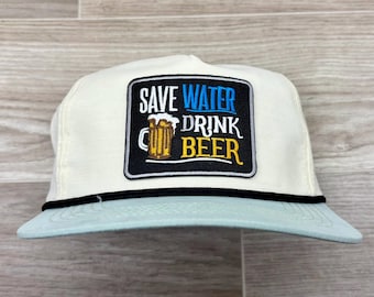 Save Water Drink Beer on 2-Tone Beige/Seafoam Green Retro Hat w/Black Rope