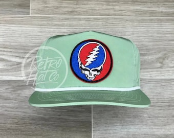 Grateful Dead Lightning Skull (Steal Your Face) Patch on Green Poly Retro Rope Hat
