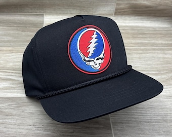 Grateful Dead Lightning Skull (Steal Your Face) Patch on Black Classic Retro Rope Hat