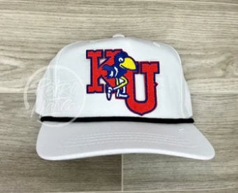 Retro Kansas Jayhawks KU Patch on White Retro Hat w/Black Rope