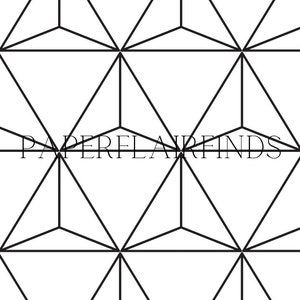 May include: Black and white geometric pattern with a repeating triangular design. The pattern is seamless and can be used for a variety of purposes, such as wallpaper, fabric, or wrapping paper. The text "PAPERFLAIRFINDS" is centred at the bottom of the image.