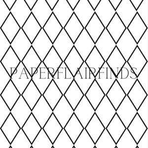 May include: Black and white geometric pattern with a diamond shape design. The pattern is repeated throughout the image. The text "PAPERFLAIRFINDS" is centred in the middle of the image.