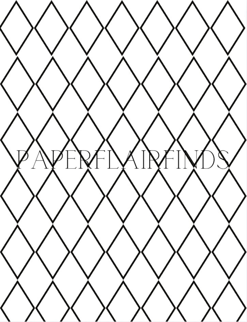 May include: Black and white geometric pattern with a diamond shape design. The pattern is repeated throughout the image. The text "PAPERFLAIRFINDS" is centred in the middle of the image.