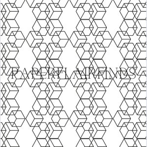 May include: Black and white geometric pattern with a repeating design of overlapping hexagons and stars. The pattern is symmetrical and creates a sense of depth and dimension.