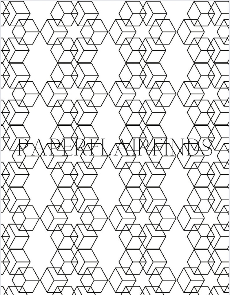 May include: Black and white geometric pattern with a repeating design of overlapping hexagons and stars. The pattern is symmetrical and creates a sense of depth and dimension.