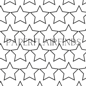 May include: A black and white image of a repeating pattern of stars. The stars are outlined in black and are arranged in rows.