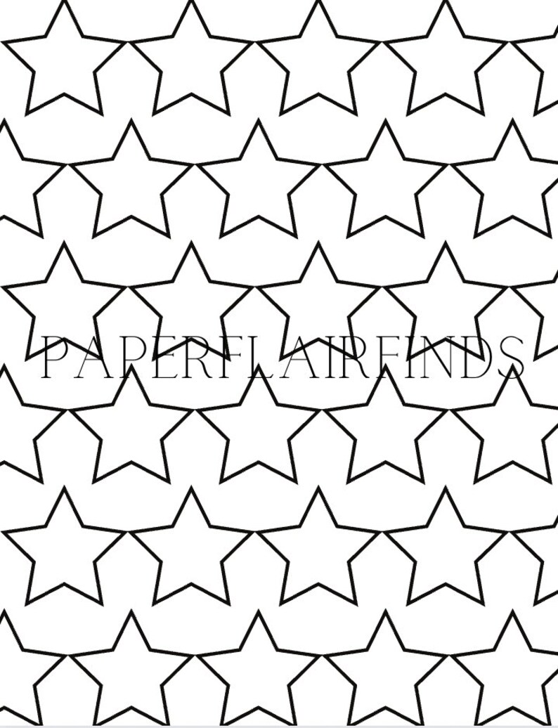 May include: A black and white image of a repeating pattern of stars. The stars are outlined in black and are arranged in rows.