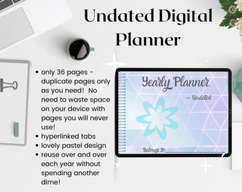 May include: A digital planner on a tablet with a pastel blue and purple geometric design. The planner is undated and has 36 pages. The text "Yearly Planner" is written in cursive on the cover. The planner has hyperlinked tabs and a lovely pastel design.