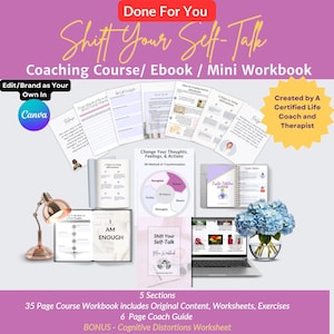 Done For You &quot;Shift Your Self-Talk&quot; Coaching COURSE WORKBOOK, Canva Template, PLR Product, Cognitive Distortions Worksheets, Life Coach Tool