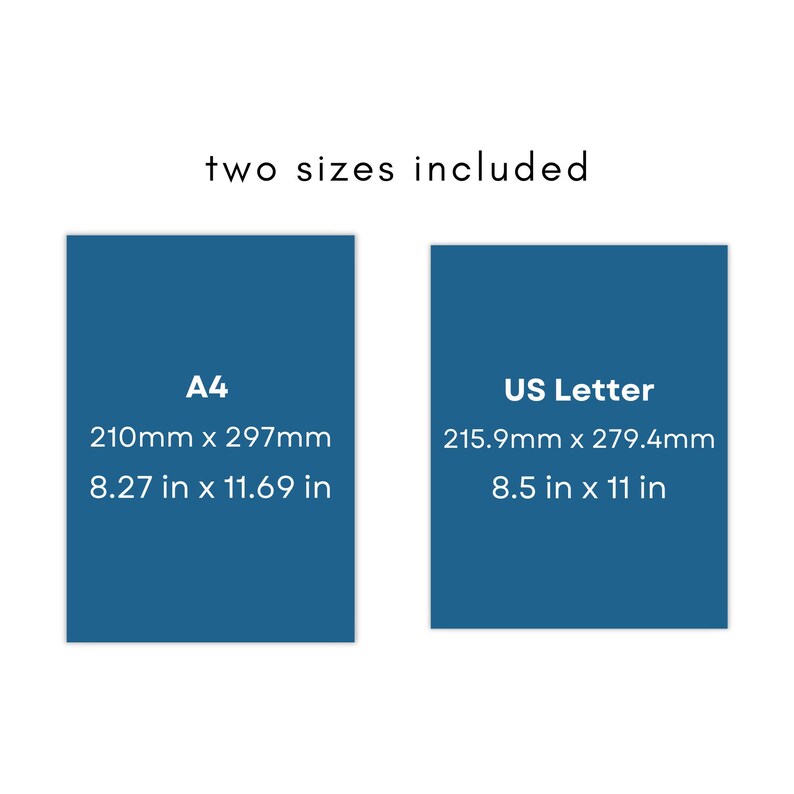 Może przedstawiać: Dwie niebieskie prostokątne kartki papieru z napisem two sizes included. Lewa kartka oznaczona jest jako A4 o wymiarach 210mm x 297mm i 8.27 in x 11.69 in. Prawa kartka to US Letter o wymiarach 215.9mm x 279.4mm oraz 8.5 in x 11 in.