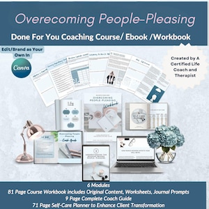 May include: A digital coaching course and workbook set titled Overcoming People-Pleasing, featuring 81 pages of content, a 9-page coach guide, and a 71-page self-care planner. Includes a laptop, a rose gold desk lamp, and a blue hydrangea bouquet.