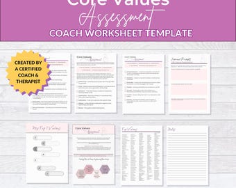 Core Values Assessment Worksheet Done For You Canva Template with Journal Prompts, Self-Reflection, Self-Discovery