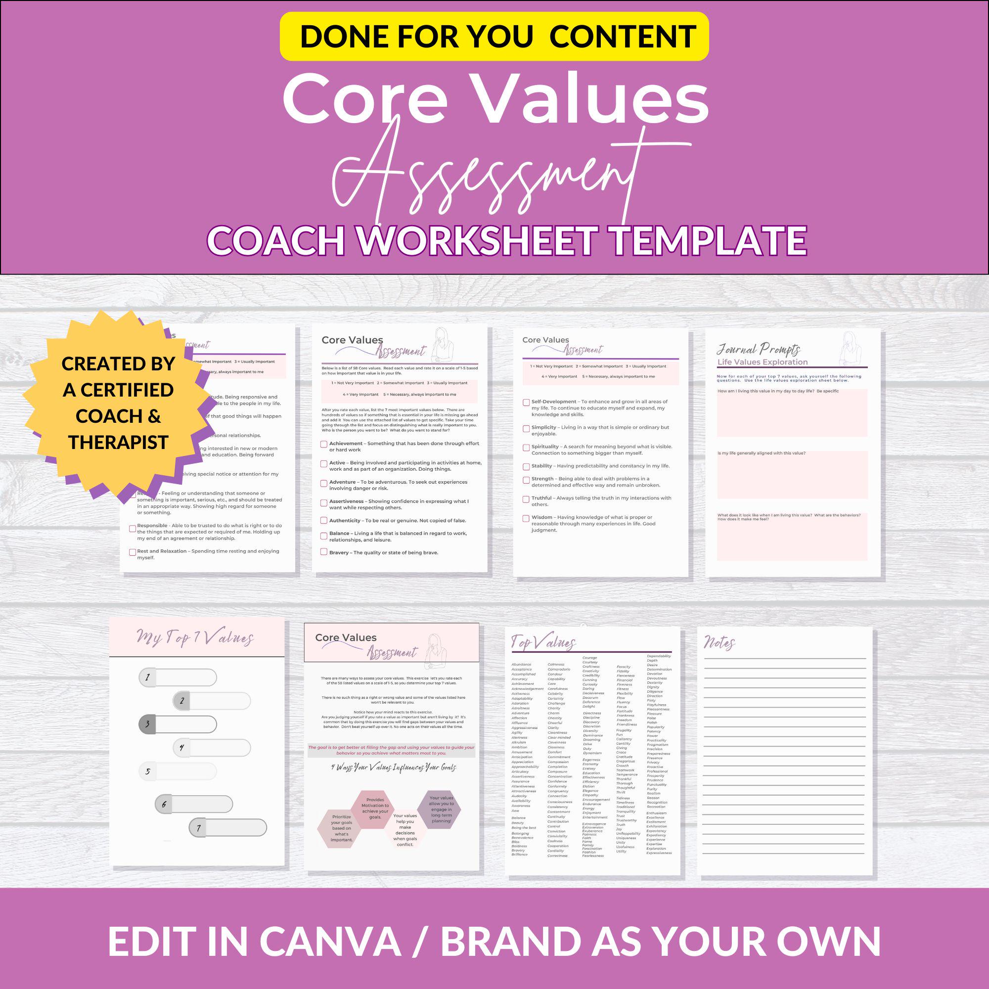 Core Values Assessment Worksheet: Client Values Exploration (canva PLR ...