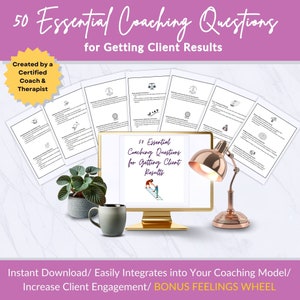50 questions de coaching essentielles pour obtenir des résultats client, boîte à outils de ressources pour le coach Done for You, guide de session pour coach de vie, roue des sentiments bonus