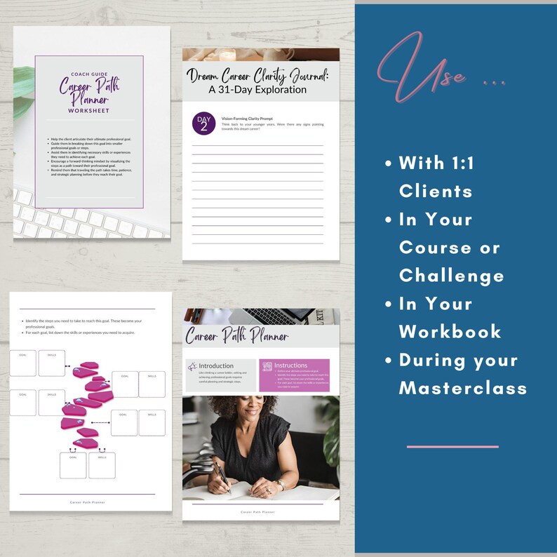Może przedstawiać: Zbi&oacute;r czterech arkuszy do planowania kariery oraz strona z dziennika. Dokumenty zawierają tekst, w tym Coach Guide Career Path Planner Worksheet, Dream Career Clarity Journal: A 31-Day Exploration oraz Career Path Planner, z niebieskim paskiem bocznym wymieniającym opcje wykorzystania dla klient&oacute;w, kurs&oacute;w, wyzwań, zeszyt&oacute;w ćwiczeń i masterclass&oacute;w.