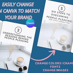 May include: A digital template for a workbook featuring pages with the text '3 UNDERSTANDING THE REASONS BEHIND PEOPLE-PLEASING' and '5 SIX STEPS TO OVERCOMING PEOPLE-PLEASING: HOW TO PUT YOURSELF FIRST' alongside images of a coffee cup and a pen.