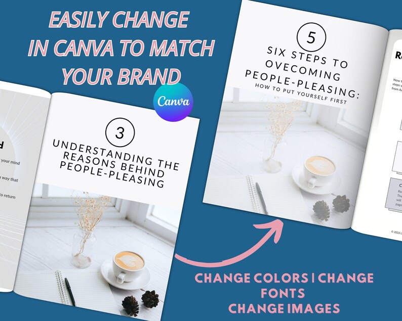 May include: A digital template for a workbook featuring pages with the text '3 UNDERSTANDING THE REASONS BEHIND PEOPLE-PLEASING' and '5 SIX STEPS TO OVERCOMING PEOPLE-PLEASING: HOW TO PUT YOURSELF FIRST' alongside images of a coffee cup and a pen.