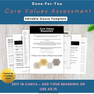 Könnte beinhalten: Eine digitale Vorlage zur Bewertung von Grundwerten, bestehend aus mehreren weißen Seiten mit schwarzem Text, Überschriften und Listen. Das Dokument enthält Abschnitte mit den Titeln Core Values Assessment und 4 Ways Your Values Influence Your Goals.