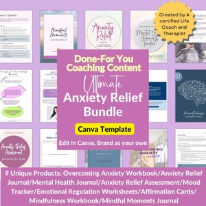 Paquete definitivo para aliviar la ansiedad Contenido de coaching hecho para usted Plantillas de Canva Libro de trabajo para superar la ansiedad Hojas de trabajo de regulación emocional