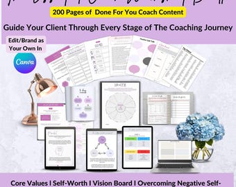 May include: A collection of printable coaching worksheets for clients. The worksheets include topics such as core values, self-worth, vision boards, overcoming negative self-talk, 365 journal prompts, strengths explorer, goal setting, and mindfulness. The text "The Essential Coach Worksheet Bundle" and "200 Pages of Done For You Coach Content" is visible at the top of the image.