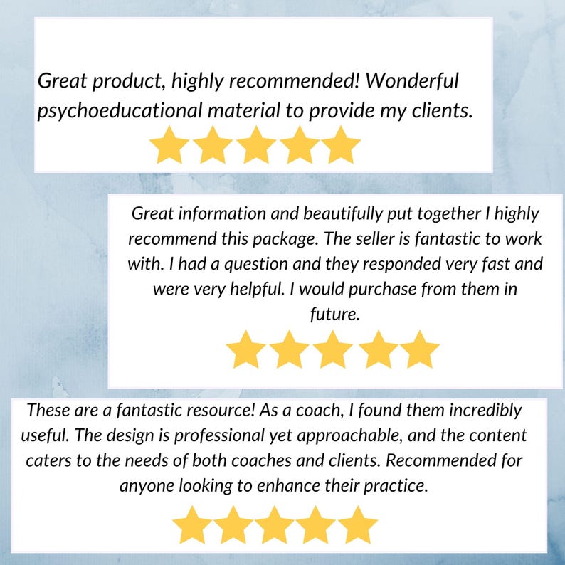 May include: Three customer reviews displayed on white rectangular backgrounds, each featuring five yellow stars. The text includes positive feedback about psychoeducational material, a recommendation for the package, and praise for the resource design.