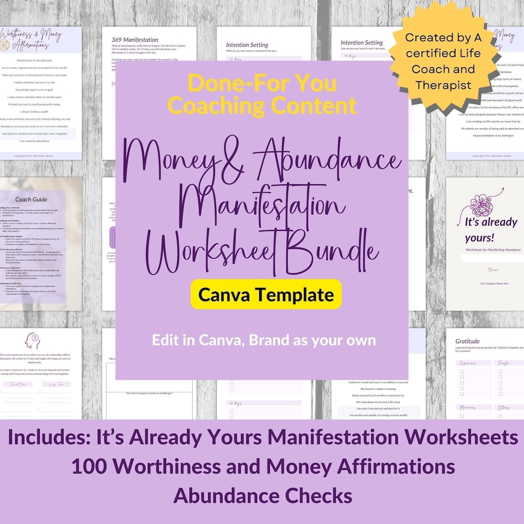 Money & Abundance Manifestation Worksheet Bundle Life Coach Canva ...
