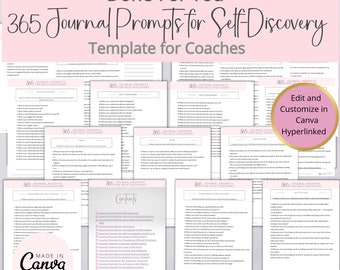 365 Daily Journal Prompts for Self-Discovery: Canva Template for Coaches, 15 Topics (PLR)