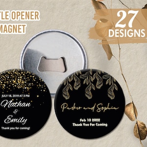 Ímã abridor de garrafas preto e dourado: lembrancinhas personalizadas para festas