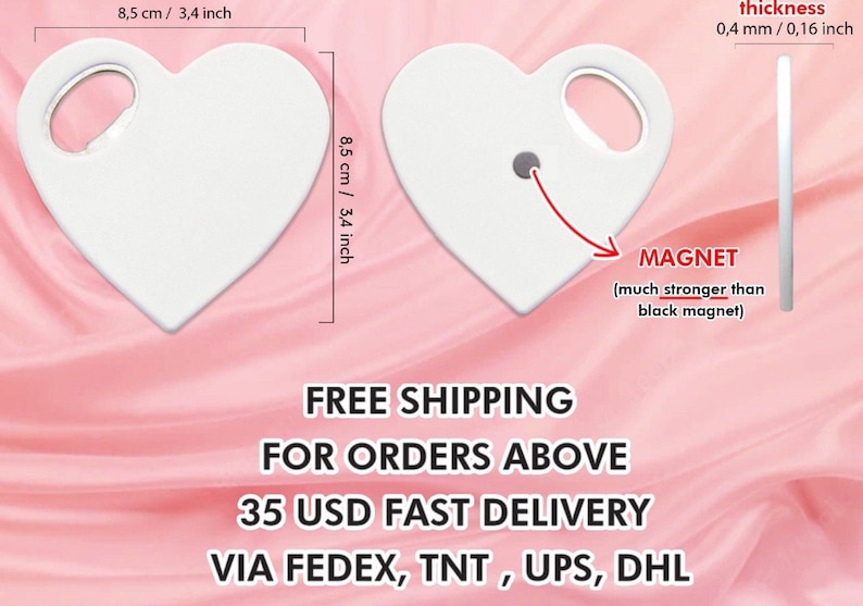 May include: White heart-shaped bottle opener with a magnet on the back. The bottle opener is 3.4 inches wide and 3.4 inches tall. The magnet is 0.16 inches thick.
