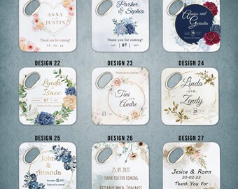 May include: A set of 10 different wedding favor bottle opener designs. Each design features a floral pattern with a different color scheme and text. The text includes the names of the couple, the date of the wedding, and the phrase "Thank you for coming!"