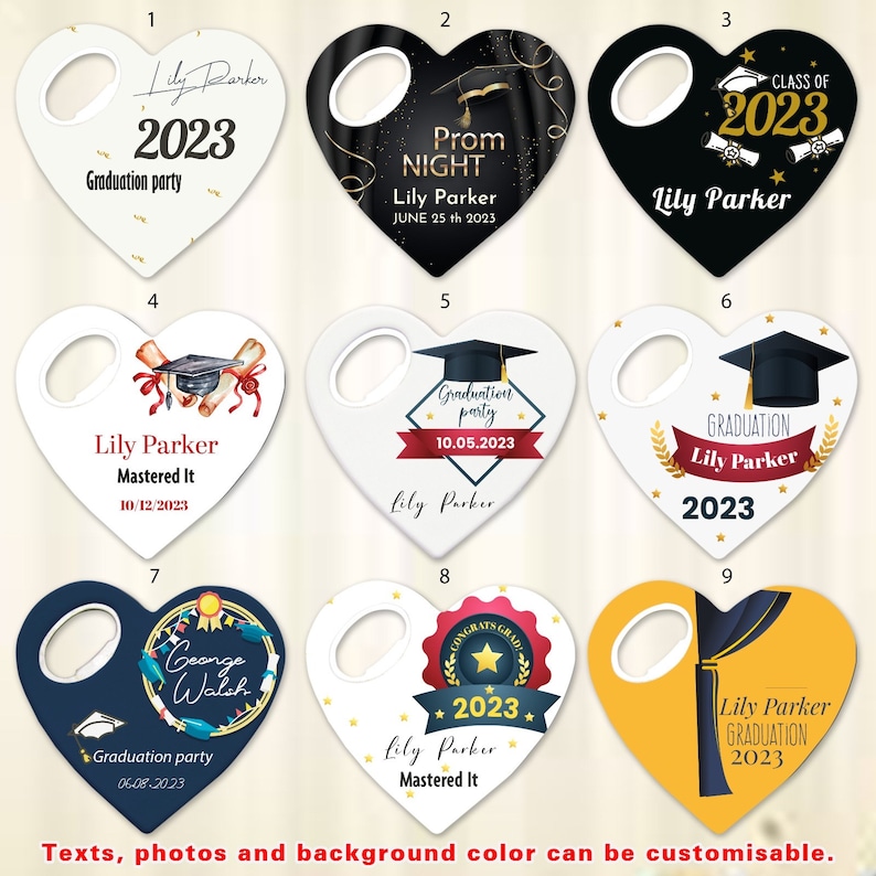 May include: Nine different designs for graduation party favors. Each design features a heart-shaped tag with a graduation cap, a year, and a name. The designs include a black and gold design with the text "Prom Night", a white design with the text "Mastered It", and a yellow design with the text "Graduation 2023".