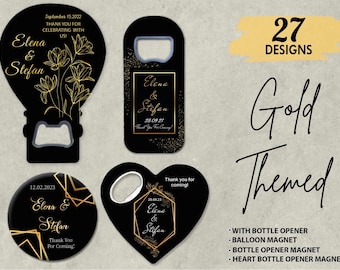 May include: A set of 27 gold-themed wedding favors with bottle opener, balloon magnet, bottle opener magnet, and heart bottle opener magnet designs. The favors feature black backgrounds with gold accents and the names "Elena & Stefan" and their wedding date.