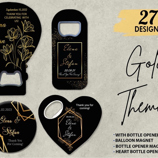 Abridor de garrafas magnético dourado personalizável para lembrancinhas de casamento