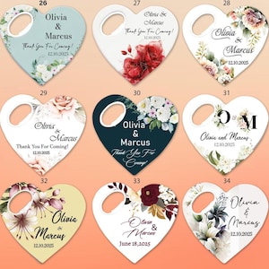 May include: A collection of heart-shaped bottle openers with floral designs and the names "Olivia & Marcus" and dates. Some openers have the text "Thank You For Coming!" and various floral arrangements.