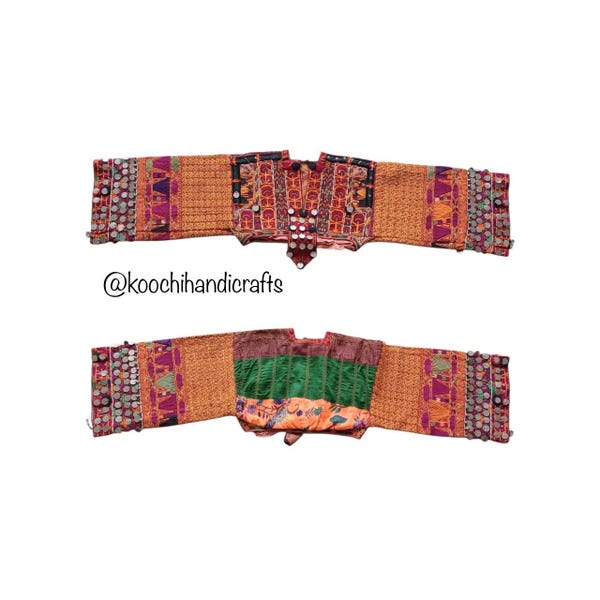 Vintage Baloch Silk Embroidered Dress Panel:Tribal Kakarai Coin Decoration